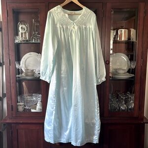 Vintage Amanda Stewart Intimates Blue Satin Embroidered Long Nightgown